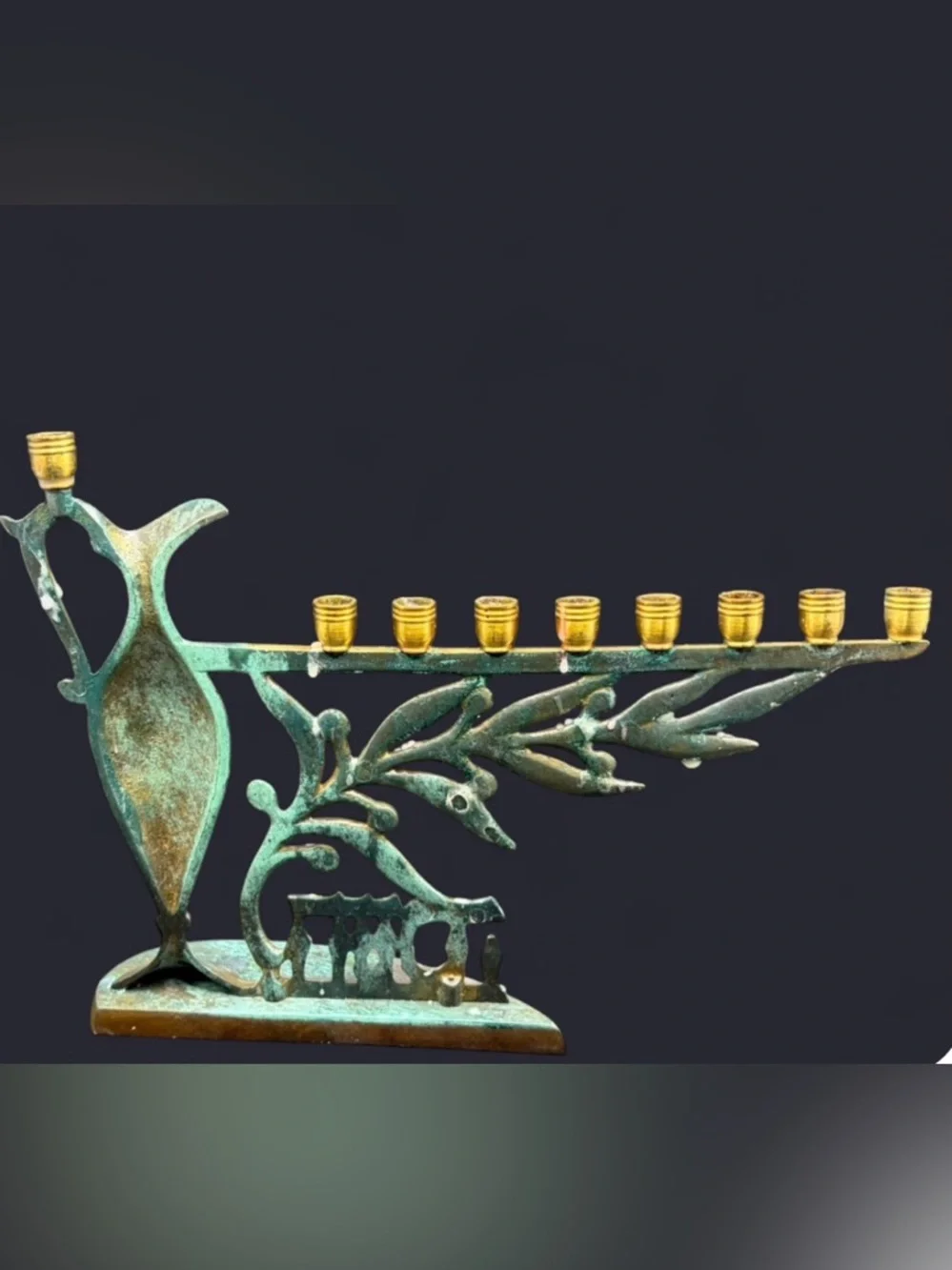 Vintage MCM Israeli Brass &Enamel Hanukkah Menorah Judaica Chanuka Candle Holder